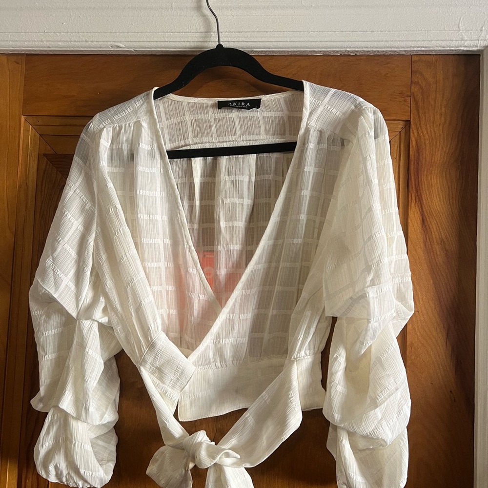 AKIRA White Sheer Pattern Crop Wrap Blouse with long sleeves